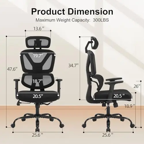 

High Back Mesh Office Chair With Adjustable Height, Lumbar Support, Flip-Up Armrests, 300LB Capacity, Black Ergonomic Task Chair