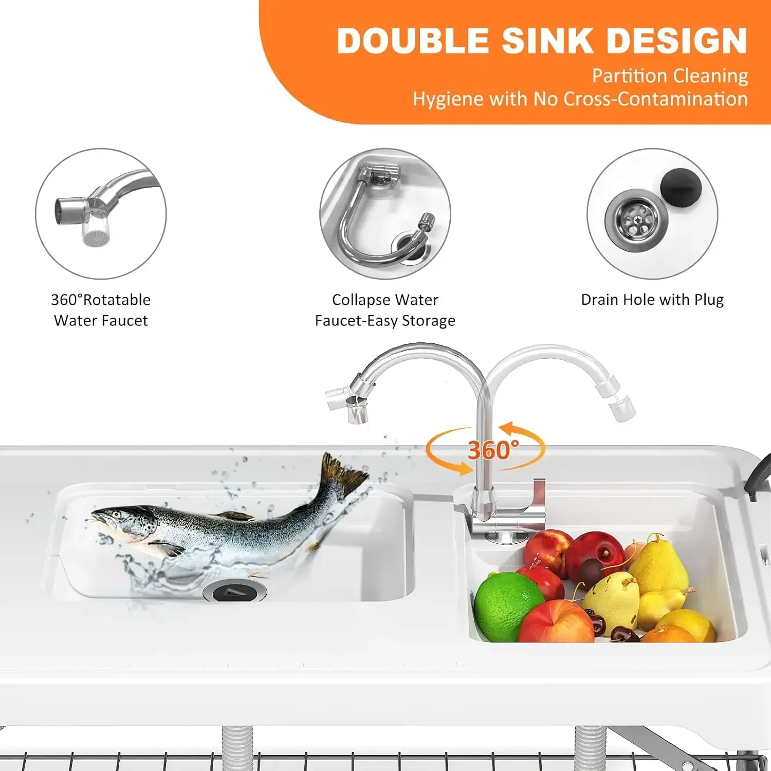 Folding Fish Cleaning Table with 2 Sinks, 42.5'' Portable Camping Sink Table with Foldable Faucet, Drainage Hose, Sprayer, Stora