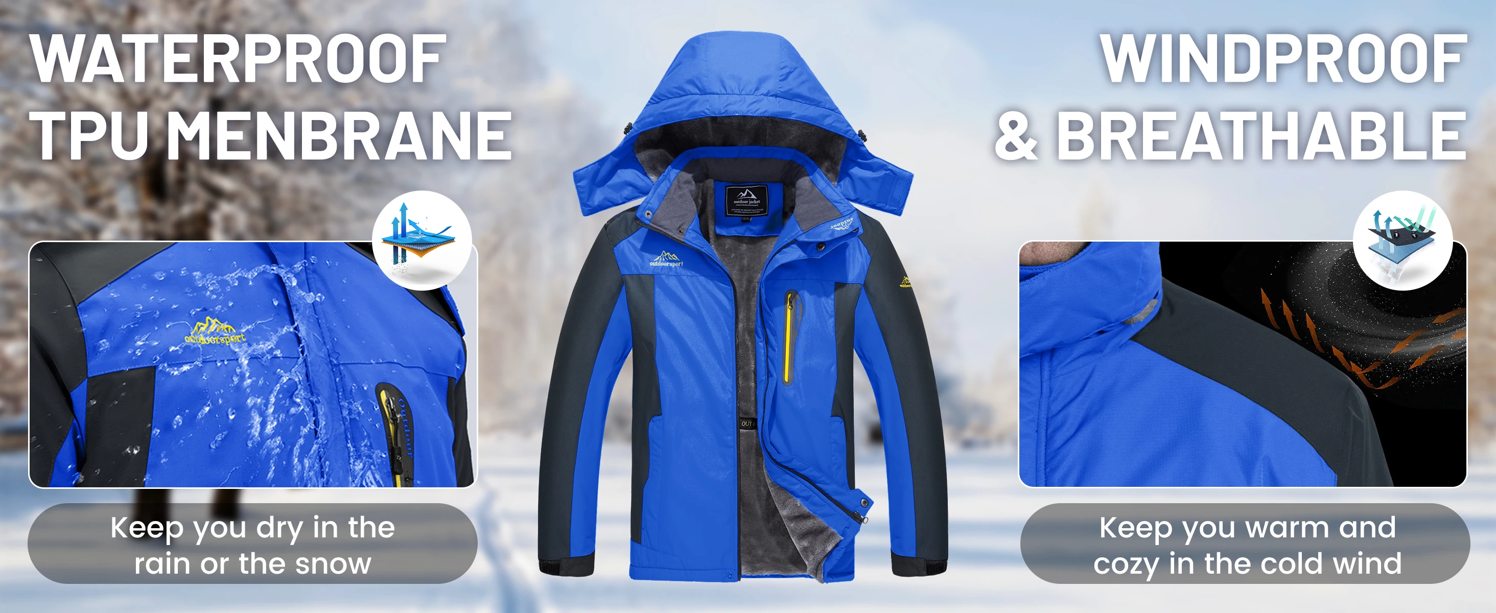 Men's Winter Jacket Waterproof Windproof Fleece Lined Parka Warm Thermal Coat with Removable Hood Outdoor Ski Snowboard Jacket