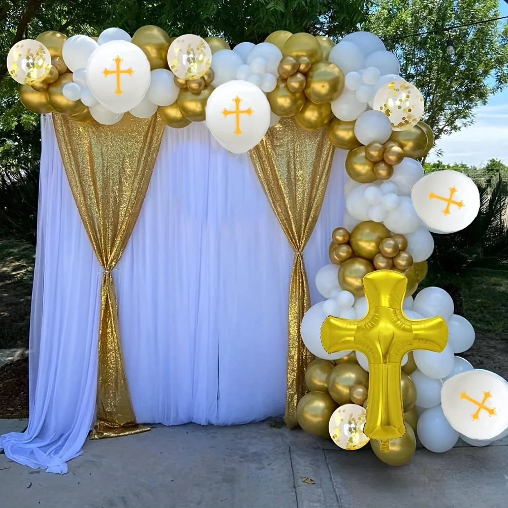 135pcs God Bless Gold Cross Foil Balloon Party Decorations, Outdoor Decorations, Baptism Decorations, Church Prayer Decorations