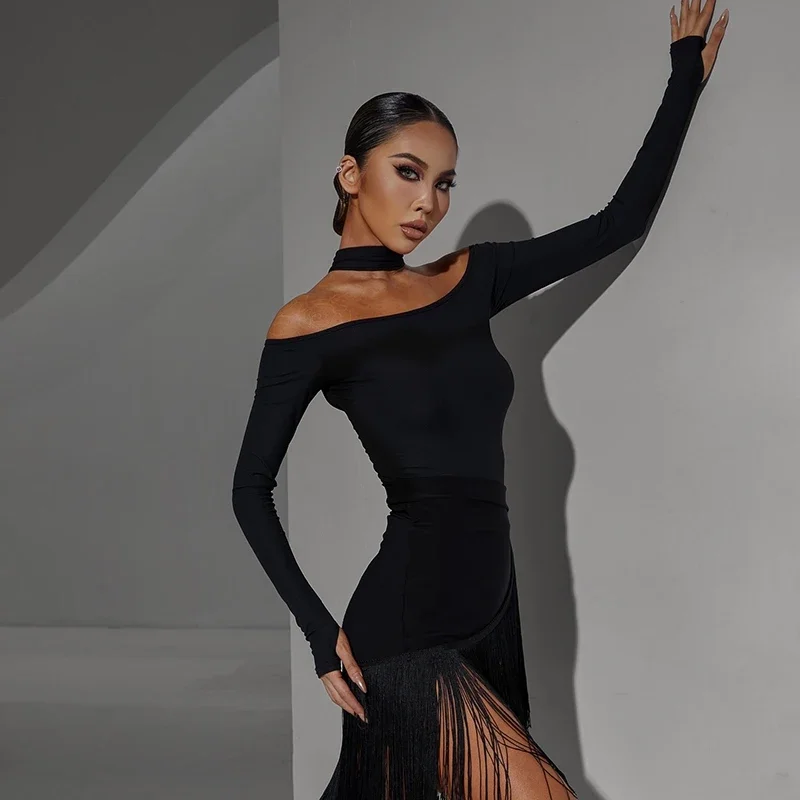 Traje latino preto para mulheres, tops de mangas compridas, saia borla, vestido de dança Cha Cha Rumba, roupas para adultos, DNV17443