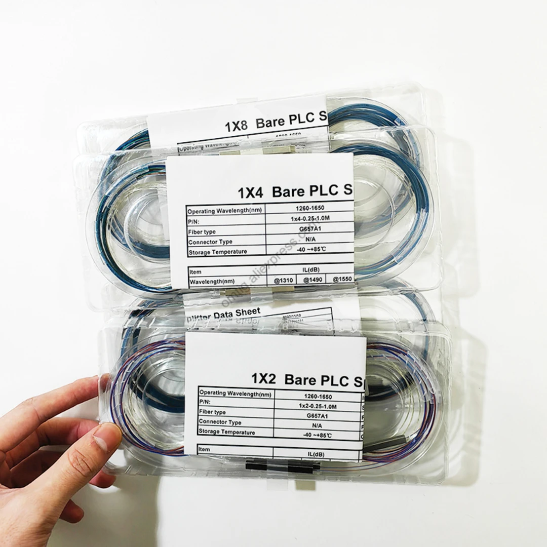 10 pçs/lote 1x2 1x4 1x8 cor divisor de fibra óptica plc sem conector cabo 250um 0.9mm mini blockless 2,4 portas plc divisor