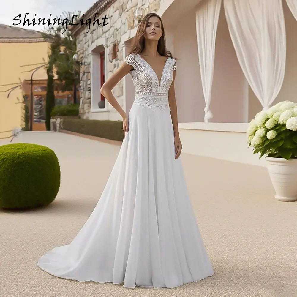

ShiningLight Boho Lace A Line Wedding Dresses Cap Sleeves Backless Elegant Chiffon V-Neck Beach Bridal Wedding Gowns Customized