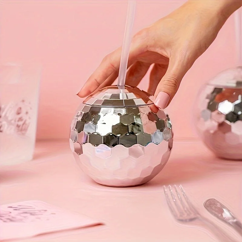 1pc 580ml Disco Ball Drink Tumbler with Straw and Lid Shiny Sparkling Party Drinking Cup for Nightclub Bar Wedding Drink Bottle