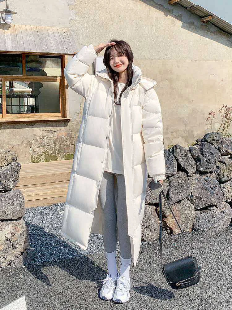 Winter Long Hooded Solid Down Jacket Women White Duck Down Waterproof Outwears Female Warm Thick Parker Knee Length Down Jacket