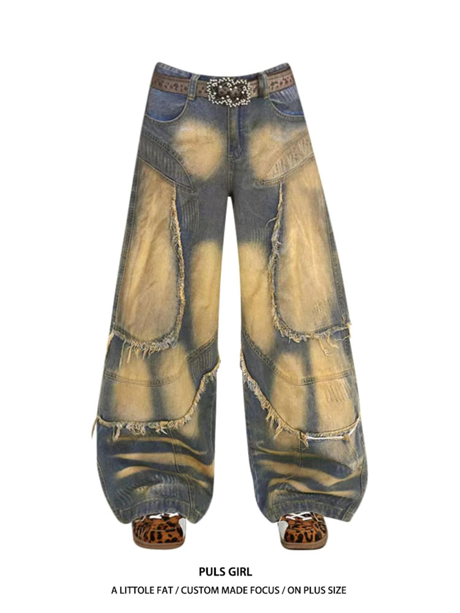 

Y2K Women's High Waist Wide Leg Jeans Vintage Washed Patchwork Frayed Edge Multi Tone Retro Streetwear Loose Denim Trousers