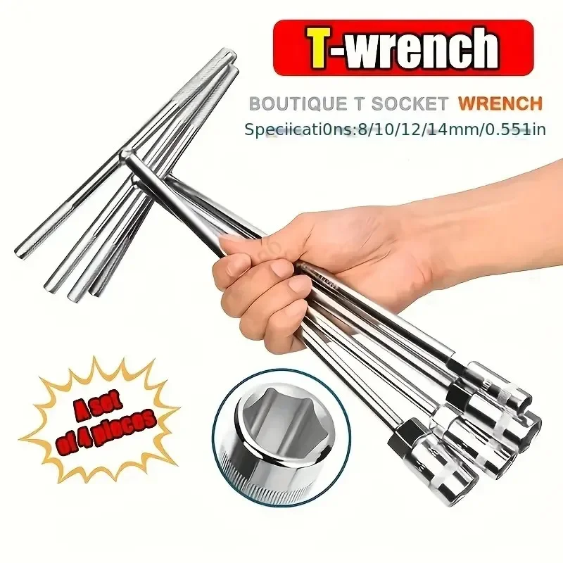 4pcs Hexagon Socket T Shaped Handle Chromium Vanadium Steel Wrench Spanner Remover Tool for Car Vehicle, Set (8, 10, 12, 14)