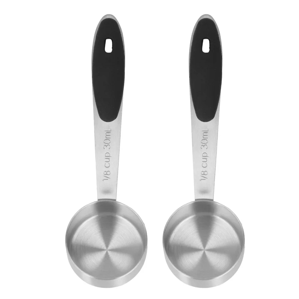 2 Pcs Set Stainless Steel Coffee Measuring Scoop Black Silicone Handle 1/8 Cup Measuring Spoon 30ML Coffee Scoop Kitchen Use
