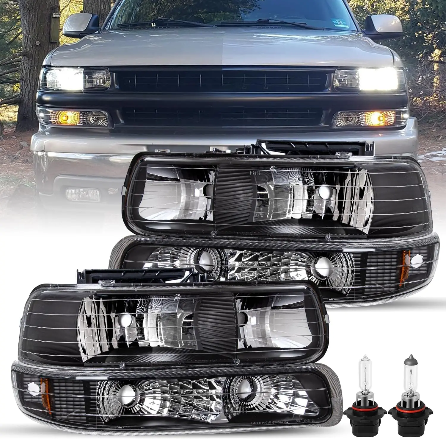 

4 шт. фара в сборе с лампочками подходит для Chevy Silverado 1500 2500/2000-2006 Chevy Tahoe Suburban 1999-2002, с подсветкой бампера,