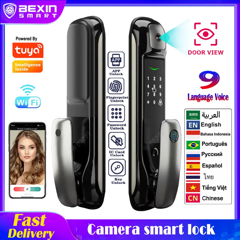 Tuya Wifi Fully Automatic Lock Fingerprint Lock Auto Electronic Bio-metric Waterproof Rfid Cat Eye Camera Smart Door Lock