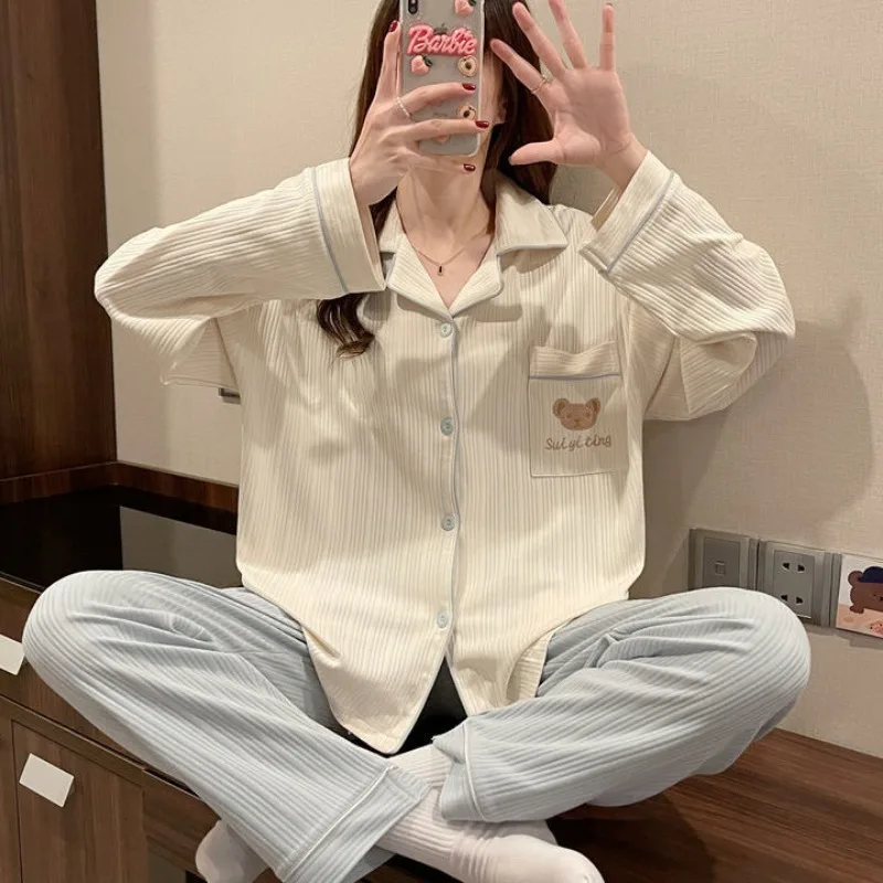 Women Spring Pajamas Bow Sweet Pyjamas Long Sleeve V Neck Loungewear Casual Loose Nightdress Matching Color Lacework Sleepwear