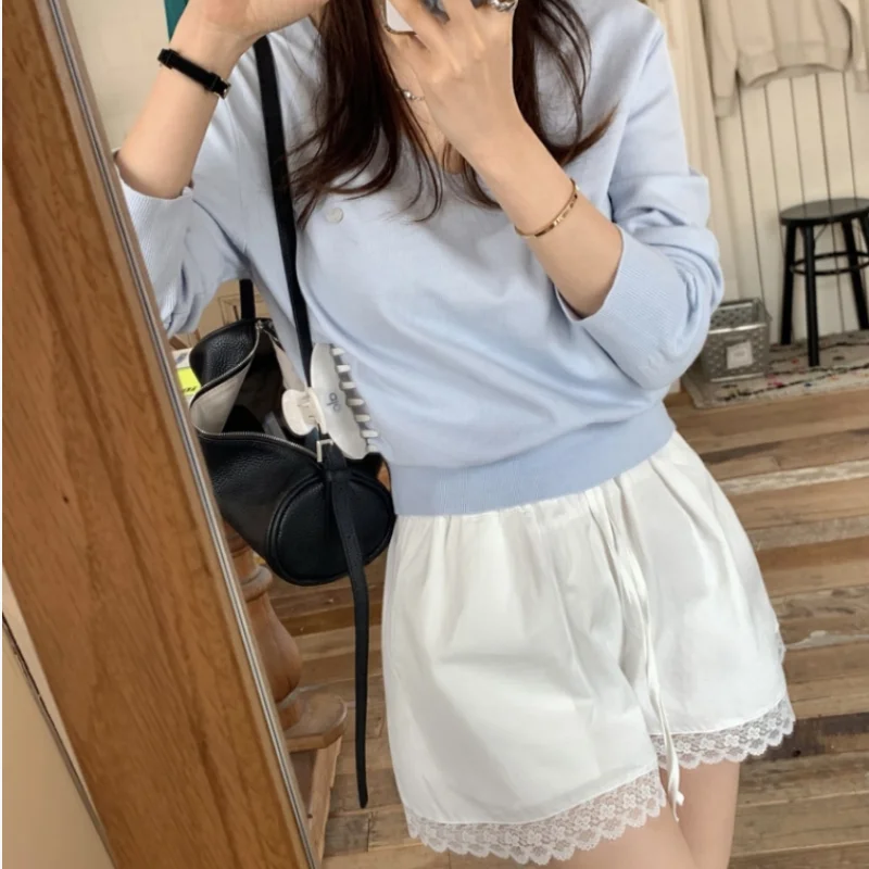 

Chic Summer New Style Retro Lace Trim Drawstring Elastic Waist Color Casual Shorts Women Korean Style Spring Autumn Winter