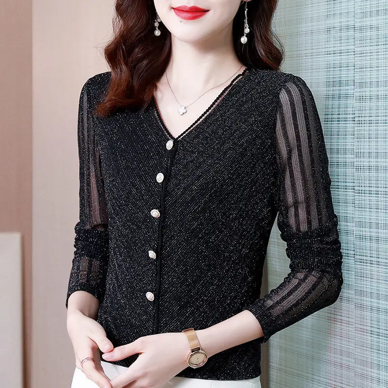 Spring Autumn Gauze Spliced Shirt Stylish Bright Silk Women\'s Clothing Elegant V-Neck Chic Pearl Button Slim Solid Color Blouse