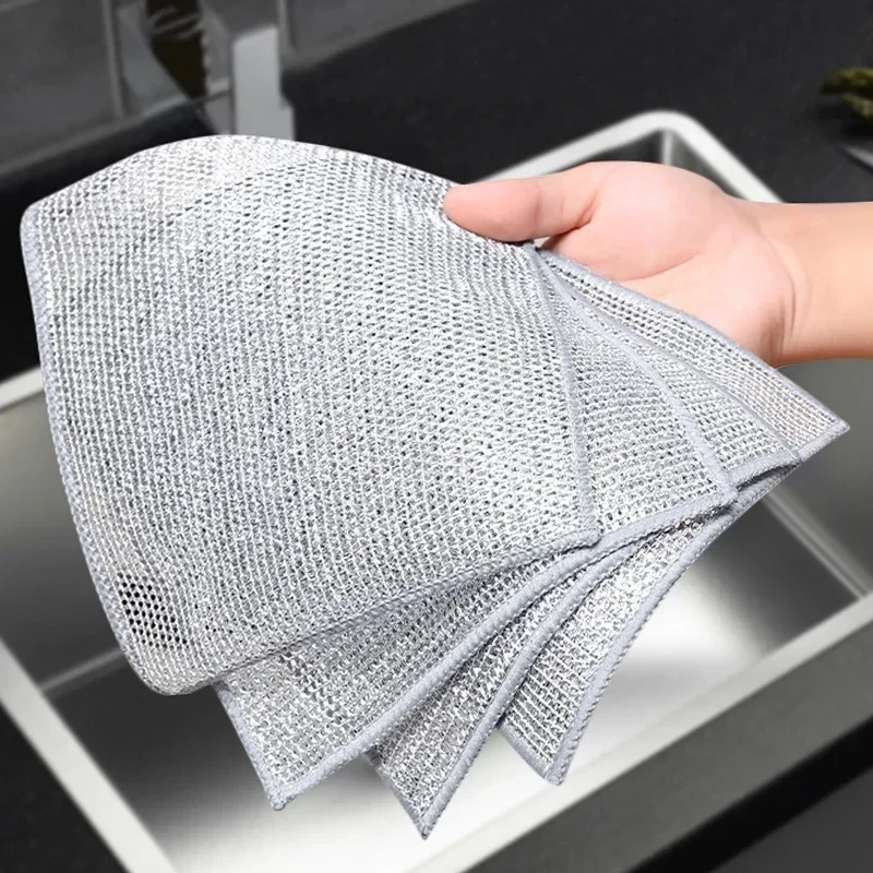 Ściereczki do czyszczenia z drutu stalowego Podwójne warstwy Magic Metal Silver Wires Rags Dishcloth Home Kitchen Washing Cloth Towels Clean Tools