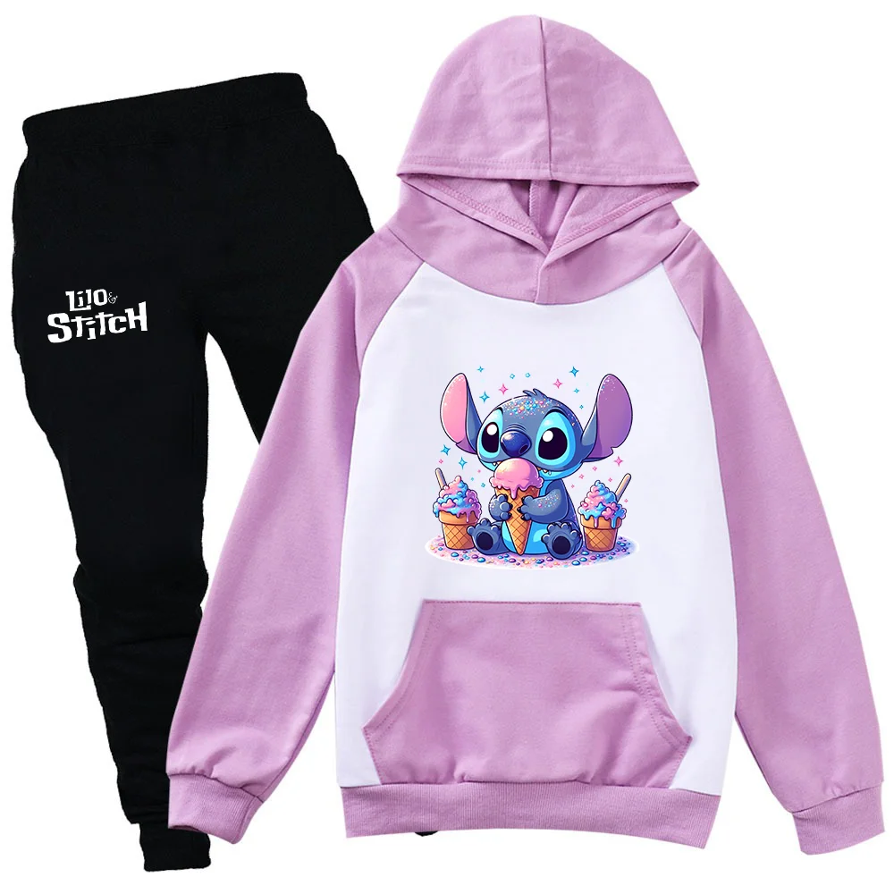 Lilo Stitch Boys Girls Casual Thin Hoodies Black Pants Kids Baby Sportswear Suits Children Outerwear Clothing Sets 2-13Y