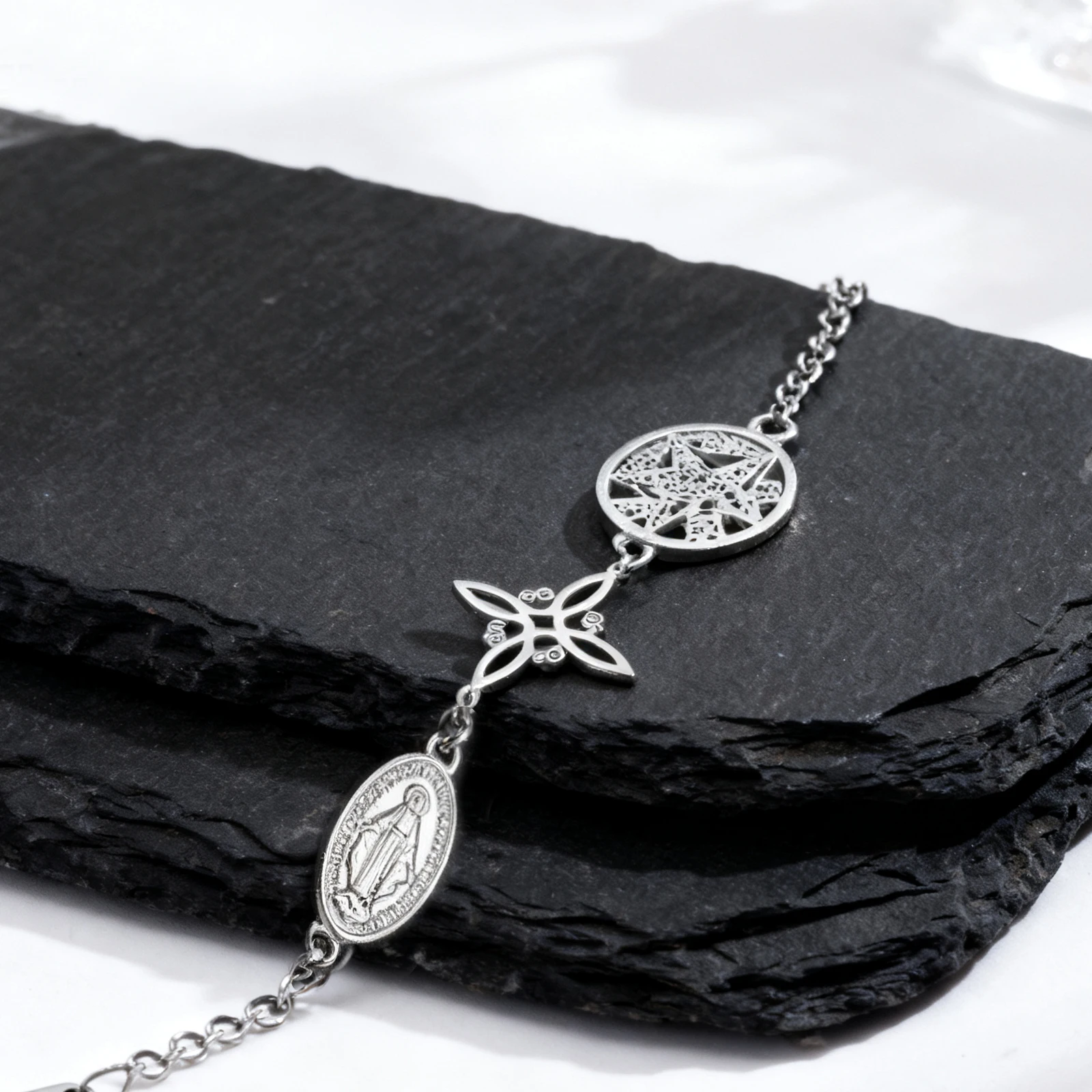 Stainless Steel Triple Protection Bracelet Witch Knot Virgin Mary Pentagram Tetragrammaton Three Types Amulet Jewelry for Women