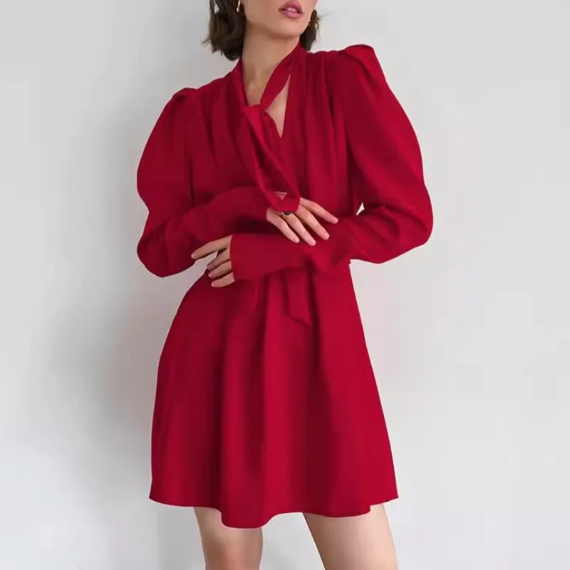 

Женское платье во французском стиле с пышными рукавами, приталенное, А-силуэта, винтажное, элегантное, с V-образным вырезом на шнуровке, мини-платье, новинка весны, для вечеринок, подчеркивающее темперамент