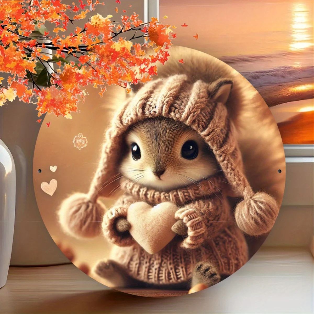 Iron Metal Sign Art Set, 7.8 Inch Round Decorative Wall Plaque with Cute Mouse Holding a Heart & Pom-Pom Design, for Home, Room,