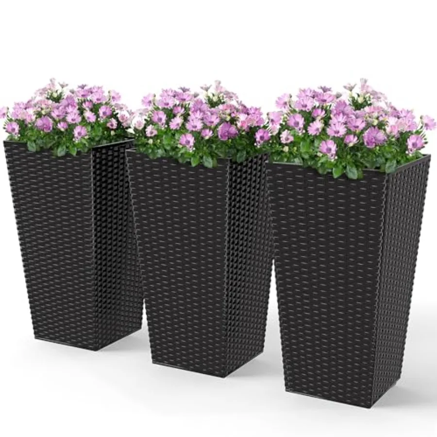 

Outdoor tall planters set of 3 24 in tapered rattan plant pots with drainage holes black color ideal for porch patio backyard i