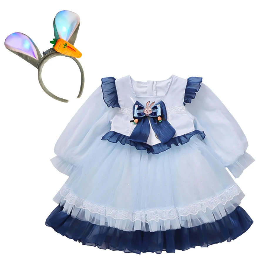 

New Judy Hops Lolita Dress Police Bunny Cosplay Costume For Girls Kids Party Dress with Same Hat Easter Gift Halloween Clothes