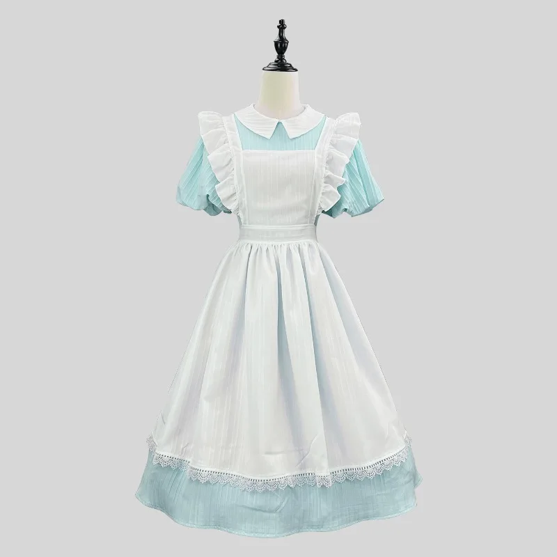 Long Pink White Maid Dress with Peter Pan Collar Ruffle Apron Maxi Skirt Vintage Lolita Style Party Cosplay Costume - view 5