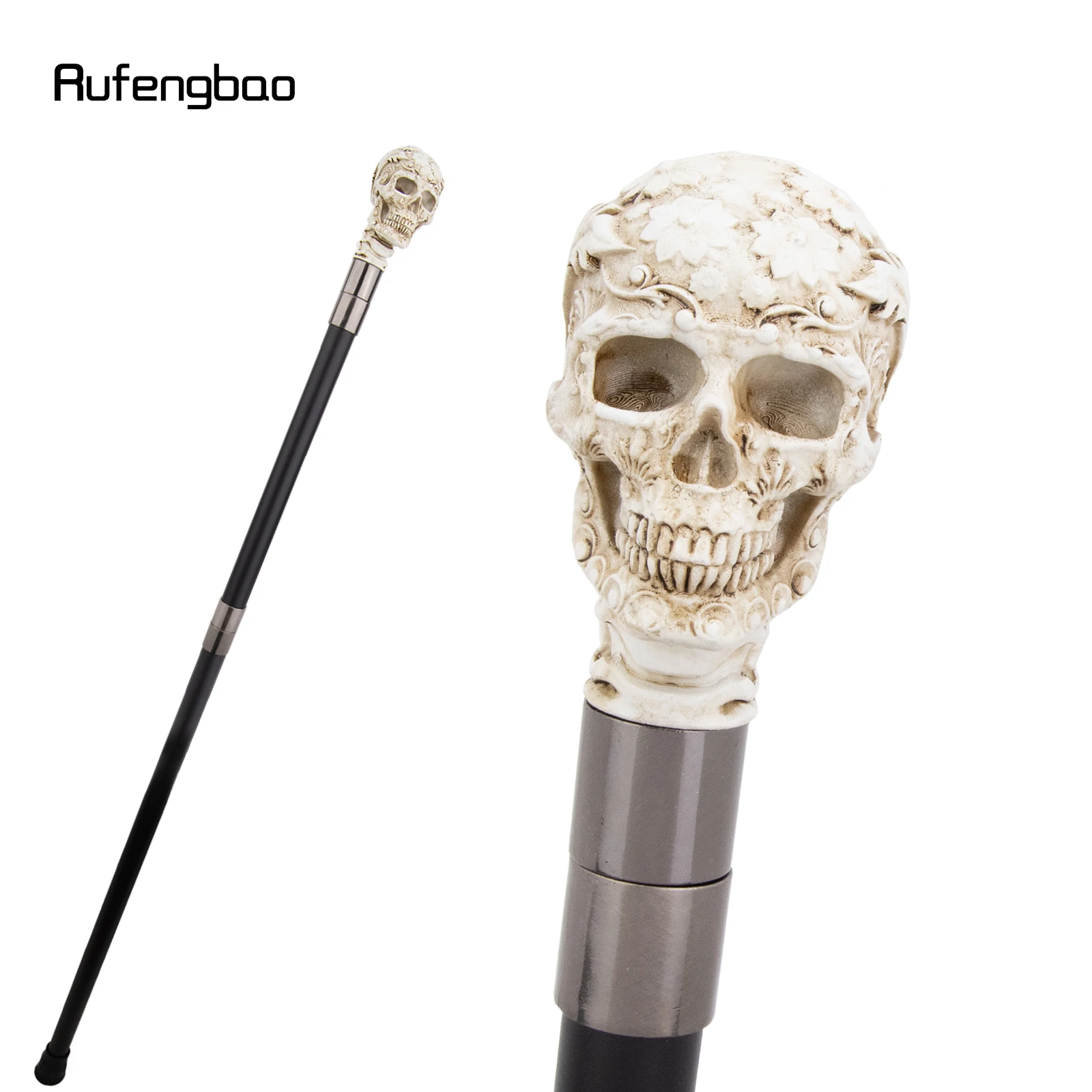 

White Resin Rose Flower Skull Cane Decorative Cospaly Cane Halloween Crosier Performance Stage Cane 94cm Performance Stage Cane