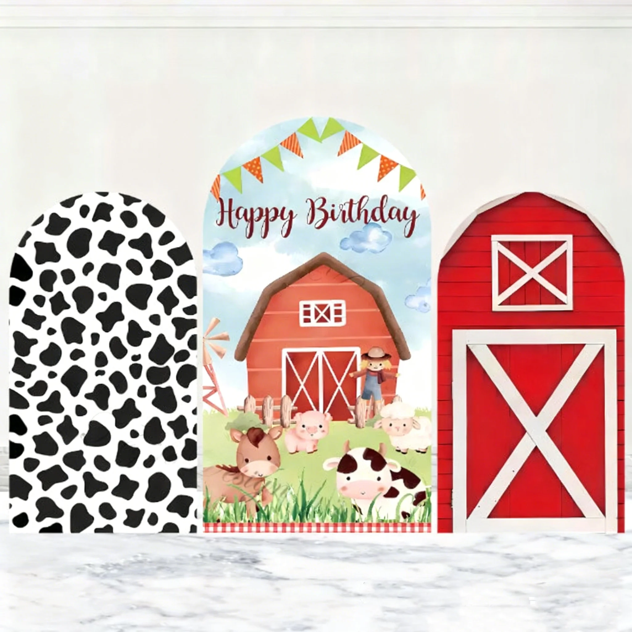 

LS Farm Barn Arch Cover Backdrop Photography for Baby Show Green Grass Animal Background 2-Sided Custom Birthday Photozone