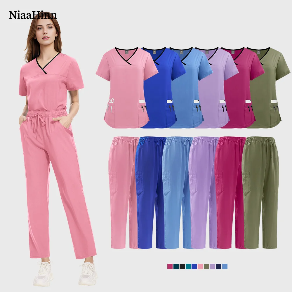 

Niaahinn Dental Nurse Uniform Surgical Gown Top+pants Suit Beauty Salon SPA Uniform Healthcare Nursing Scrub Set Women Wholesale