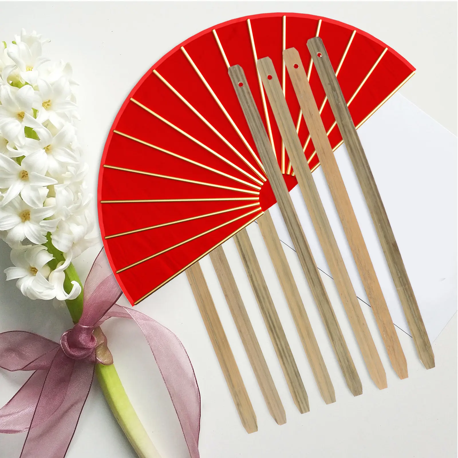 8 Pcs Bride Fan Material Bamboo Grip Handle Chinese Style Handles Circular Parts