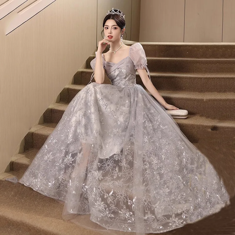 

DSP Vintage A Line V-Neck Tulle Prom Dresses with Puff Sleeves Woman Elegant Evening Party Dress Robe De Soiree