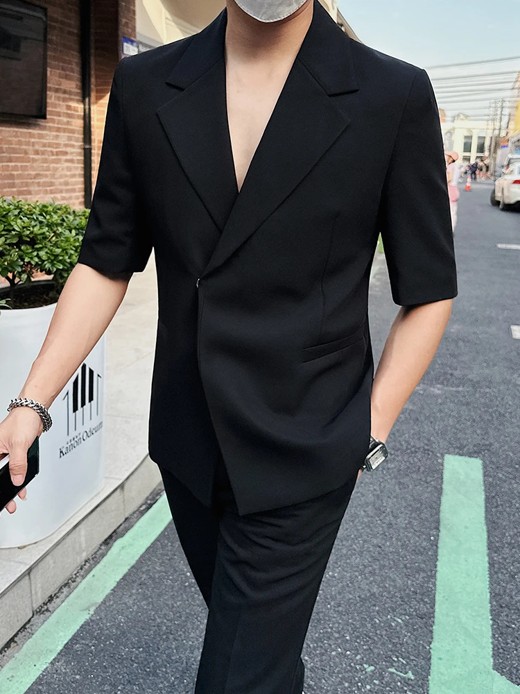 2023 Summer Side Button Short Sleeved Suit Men Slim Fit Business Casual Solid Color Loose Suits Homme (Jacket + Pants+Belt)