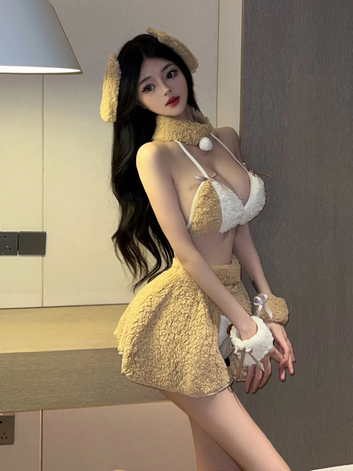 Cute Plush Bear Uniform Set Nightclub Bar Strap Bra Short Skirt Trendy Women's Fashion Set round Neck Four Piece Suitable for...