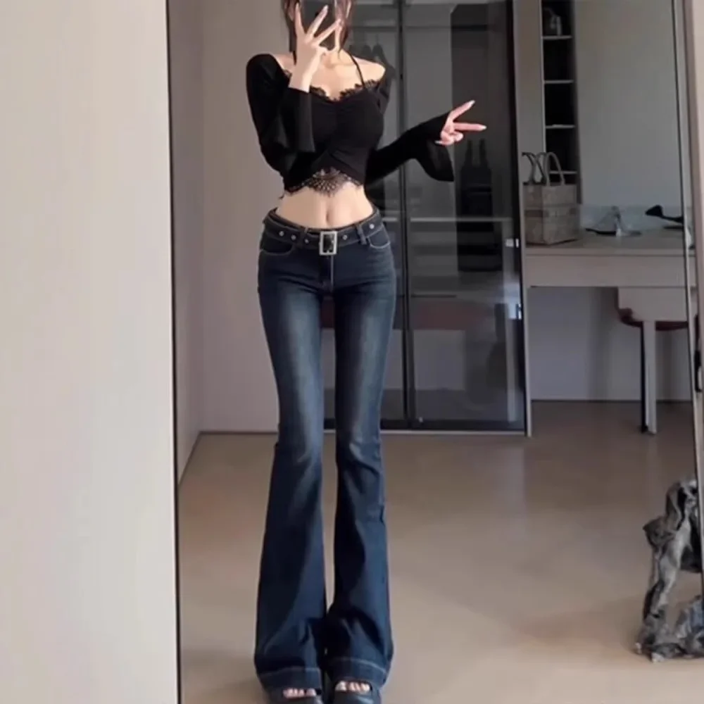 กางเกงยีนส์ทรงบานขากระดิ่งเอวต่ำสไตล์วินเทจสีน้ำเงินสำหรับผู้หญิง สปริง/ออทั่ม สไตล์เรโทร ทรงเข้ารูป สตรีทแวร์