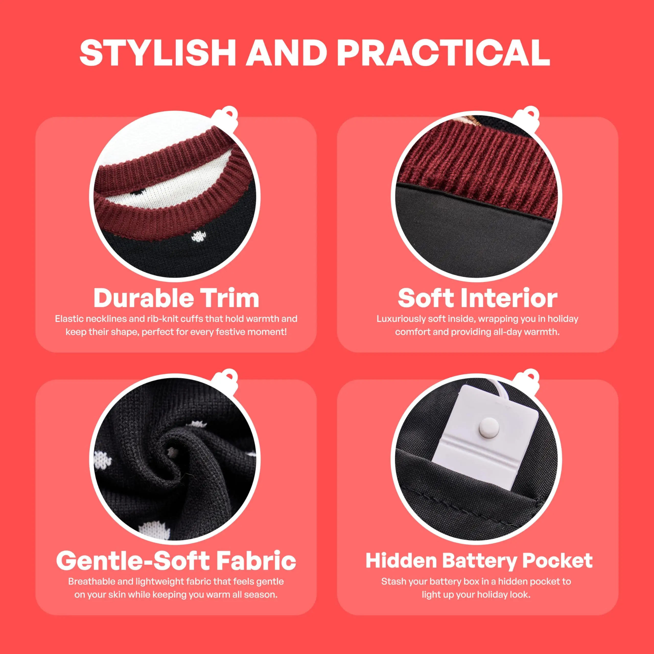 JOYFY Pull de Noël lumineux LED pour femme Pull laid de Noël avec ampoules pour femme Cadeau de Noël