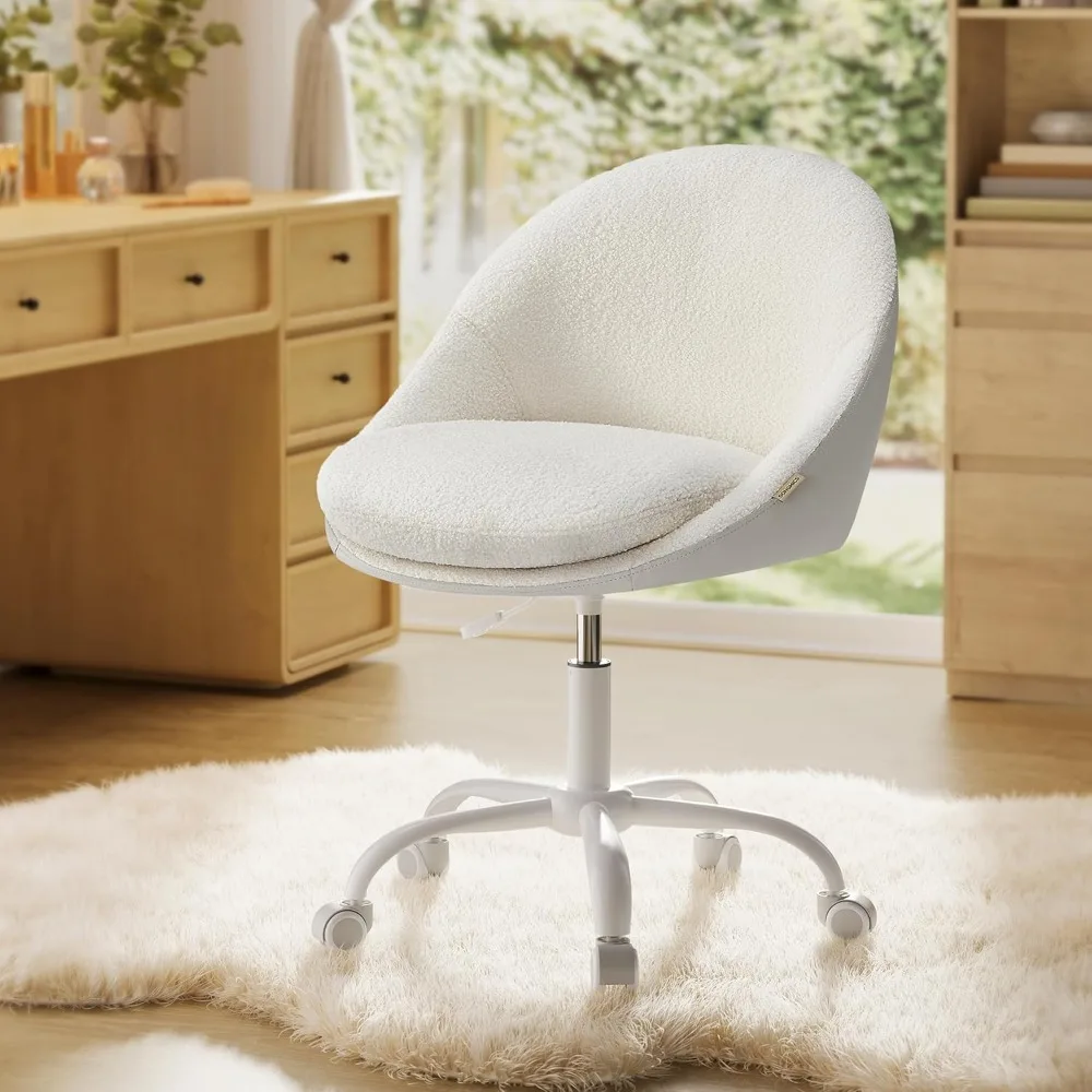 

Vanity Chair with Back, Adjustable Swivel Cute Desk Chair with Wheels, Sherpa and PU Leather for Lumbar Support, Compact for Sm