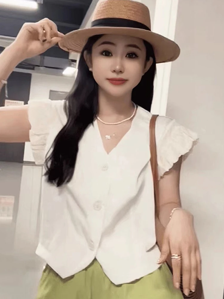 

Simple Pure Color V-Ne Fly Sve Base irt Women's Faionable Summer Top Single Button ort Sve Straight Cut Korean ...