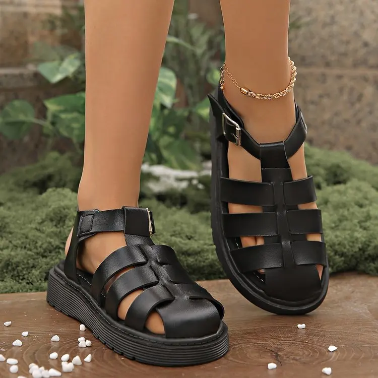 Closed Toe Hollow Out Roman Sandals for Women 2026 Summer Comfort Outdoor Beach Shoes Woman Fashion Pu Leather Platform Sandals