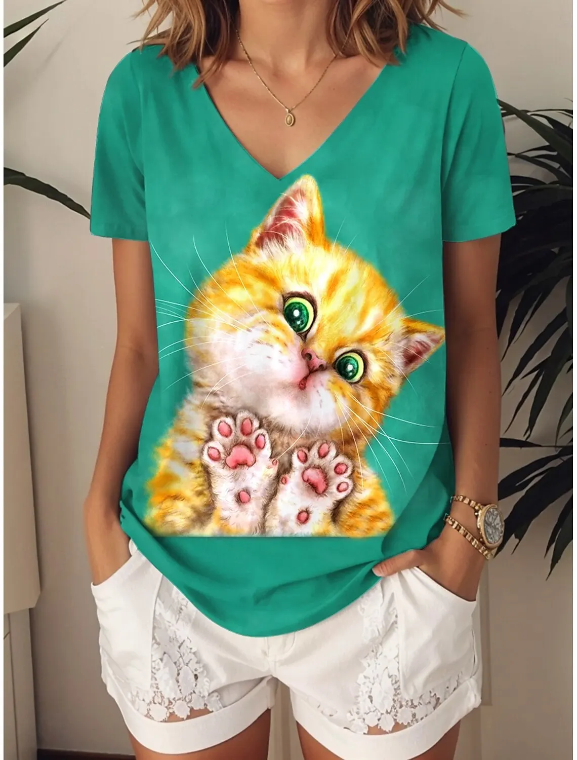 Summer Women's T Shirt Graphic Animal Cat Cute Stylish Casual Short Sleeve V Neck Regular Tops Daily 3D Printed Y2K Tees