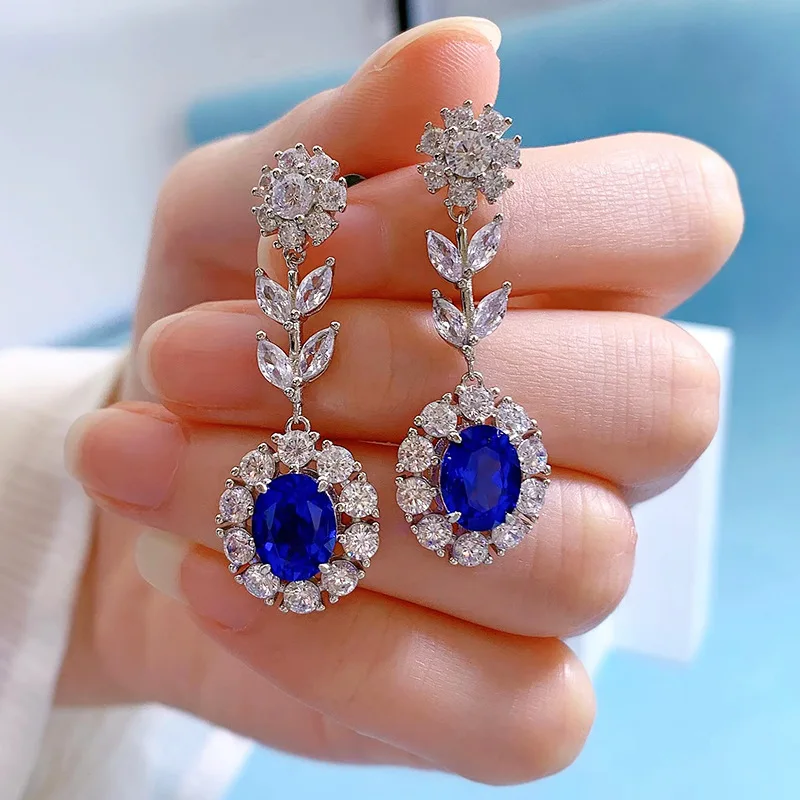 

Vintage 100% 925 Sterling Silver 7*9mm Oval Cut Lab Sapphire Gemstone Drop Dangle Earrings Fine Jewelry