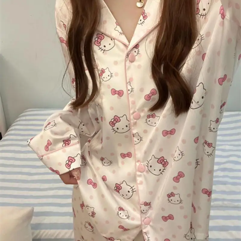 

Sanrio Hello Kitty Anime Women's Sweet Polka Dot Pajama Set Spring/fall Long Sleeve Pants Loungewearcute Home Outdoor Wear New
