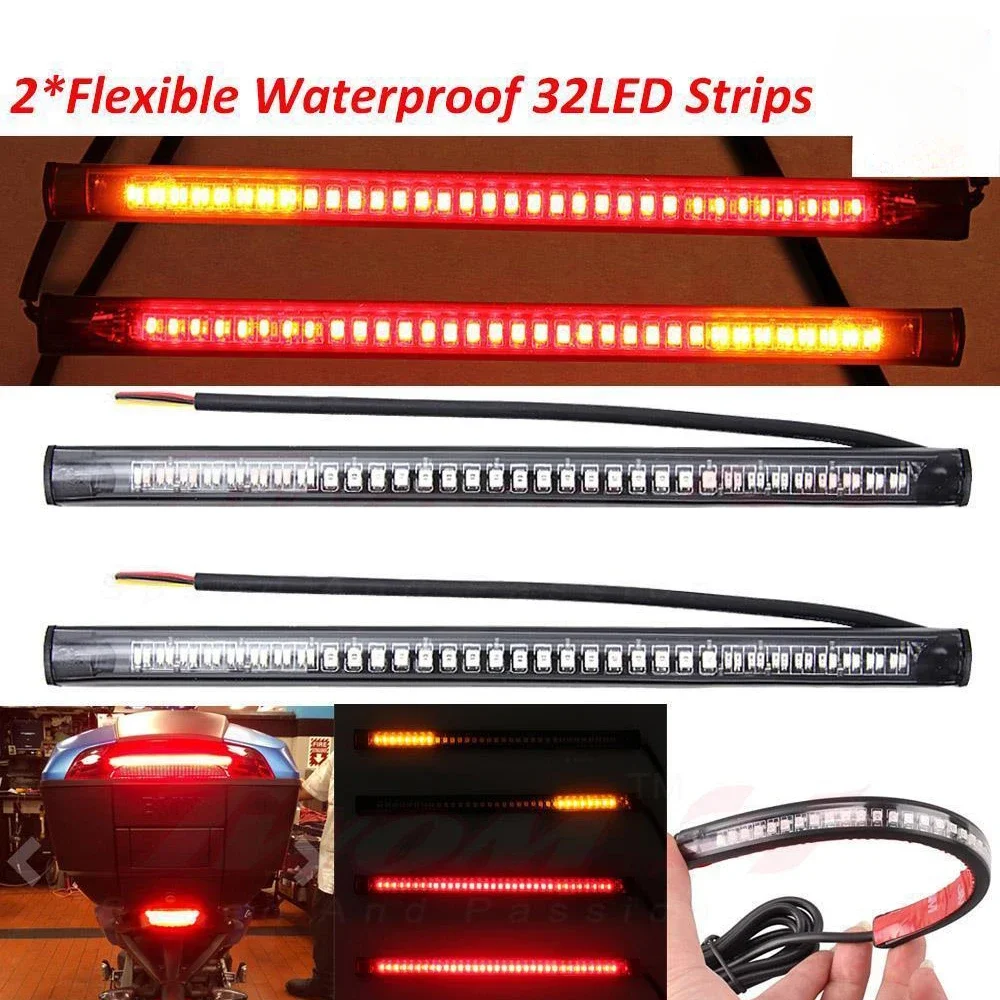 

2Pcs Motorcycle Light Bar Strip 32LED DC 12V Brake Stop Turn Signal Tail Light Moto License Plate Light Integrated Universal