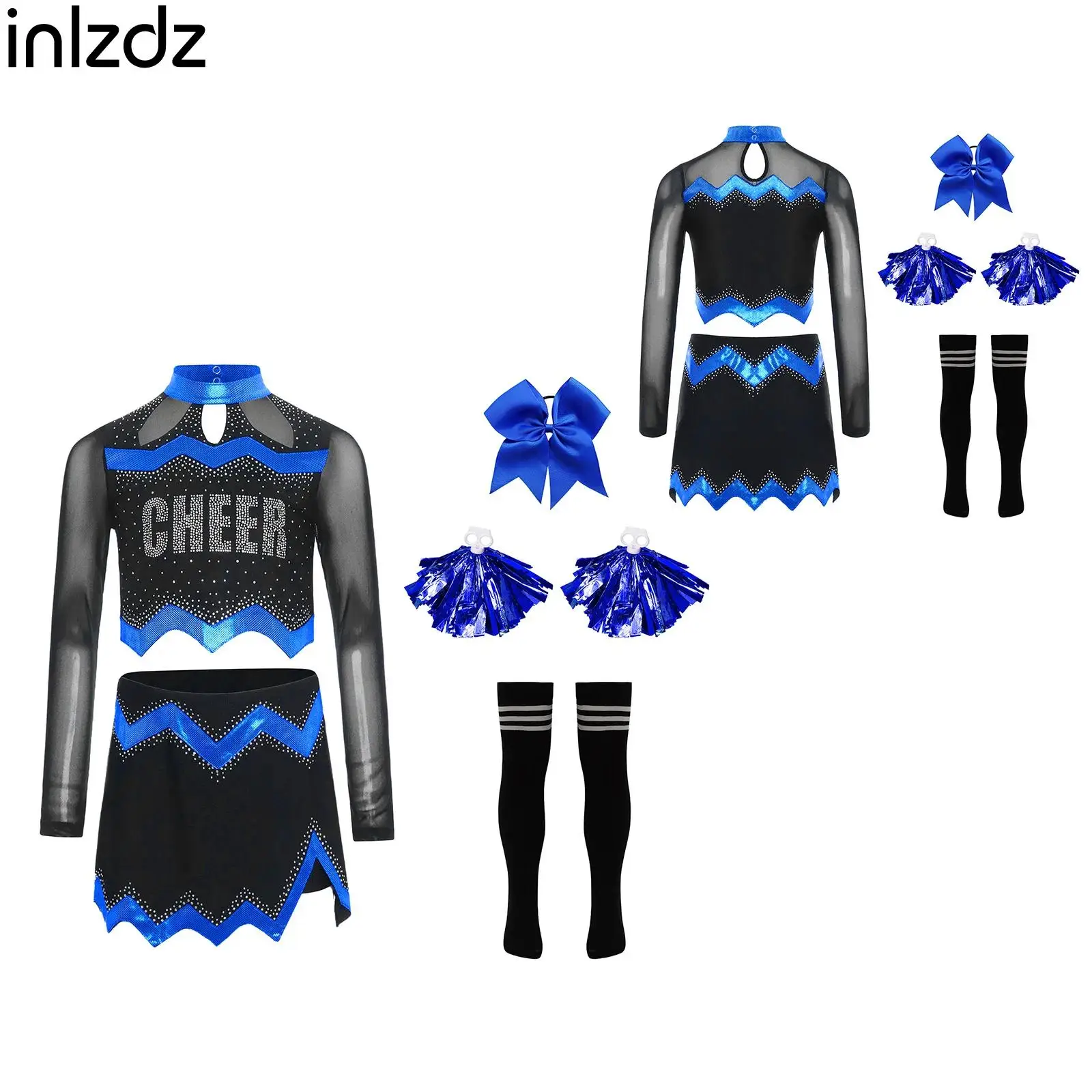

Kids Cosplay Cheerleader Costume Cheerleading Uniform Outfit Long Sleeve Crop Top+Skirt+Accessories School Girls Dancewear Set