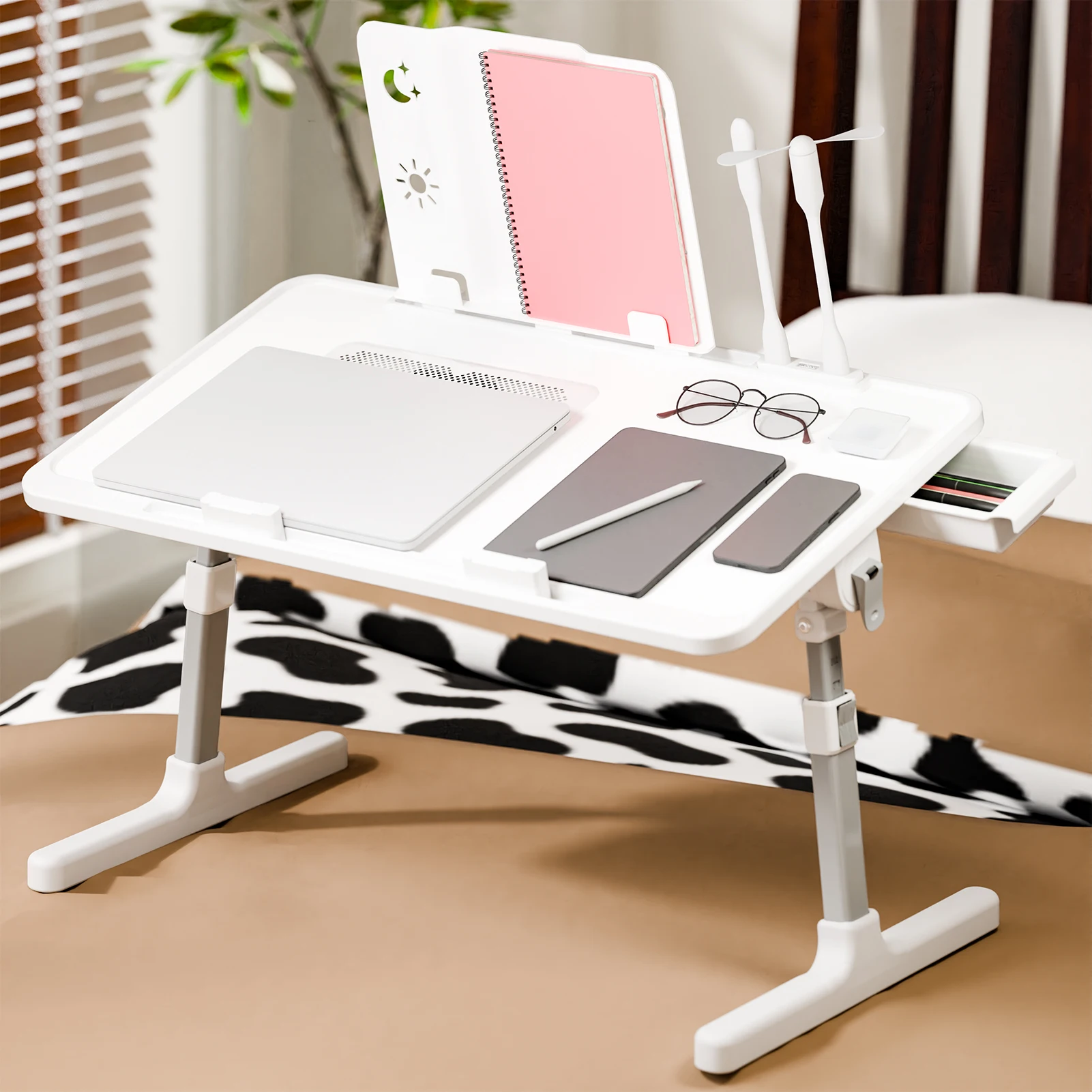 Laptop Bed Tray Table, Adjustable Lap Desk with Light Fan, Folding Laptop Desk for Bed with USB, Bed Desk with Storage Drawer