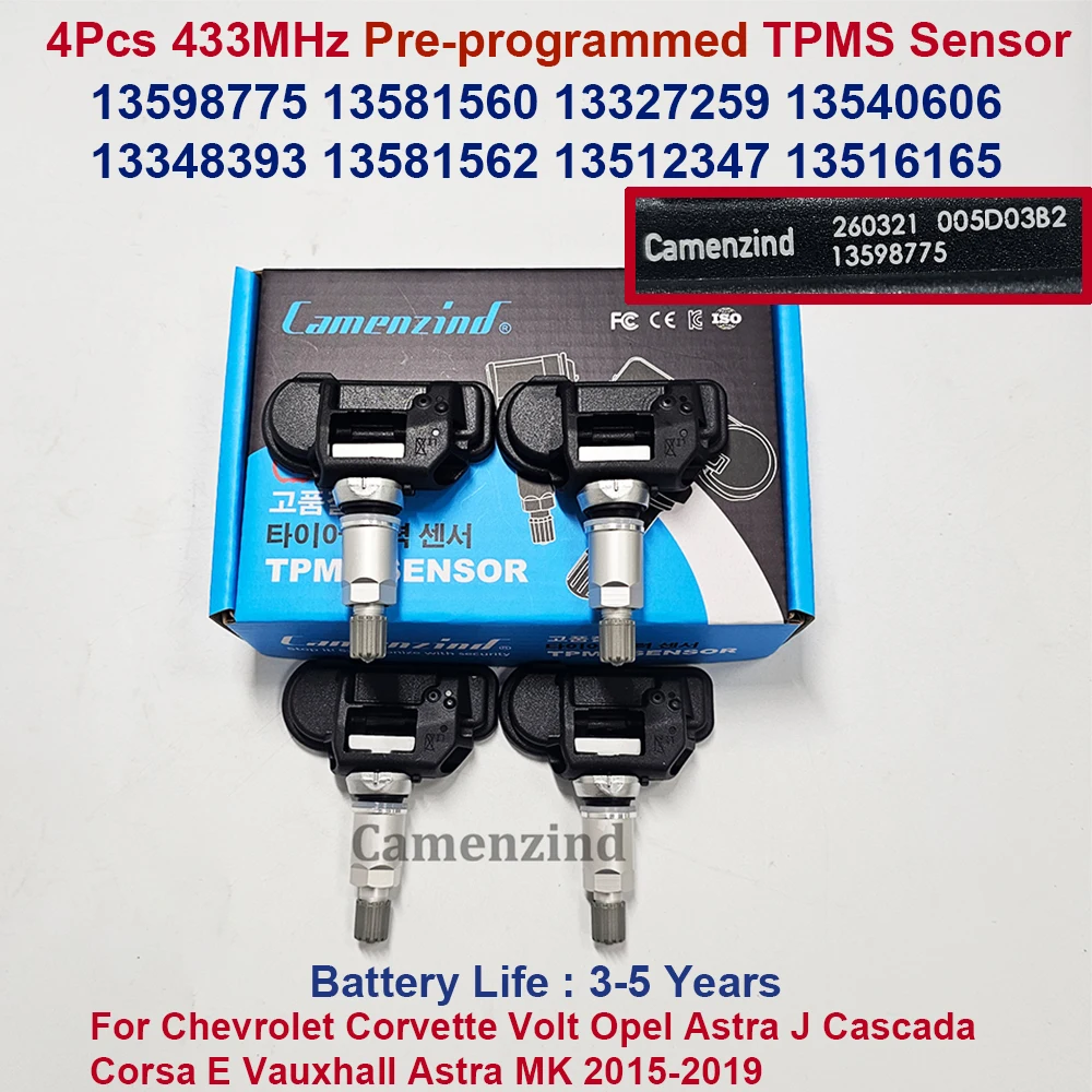 

4 шт. для Chevrolet Corvette Volt Opel Astra J Cascada Corsa E Vauxhall Astra MK 433 МГц датчик TPMS 13598775 13327259 13581560