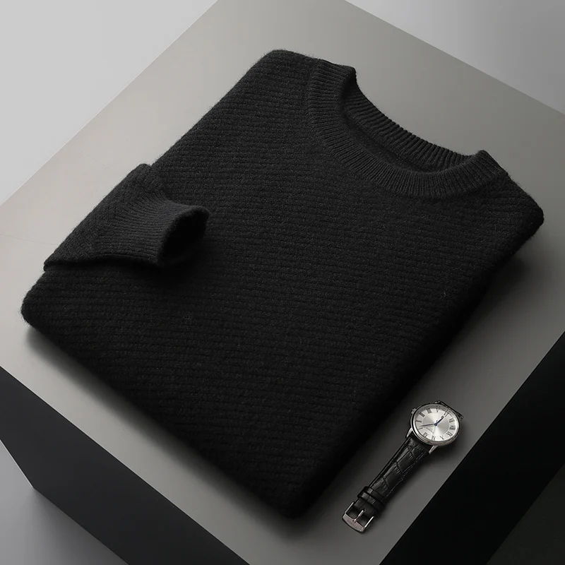 Autumn and winter new men's crew-neck thickened woolen sweater cover warm sweater business jacquard twill loose inside knitting