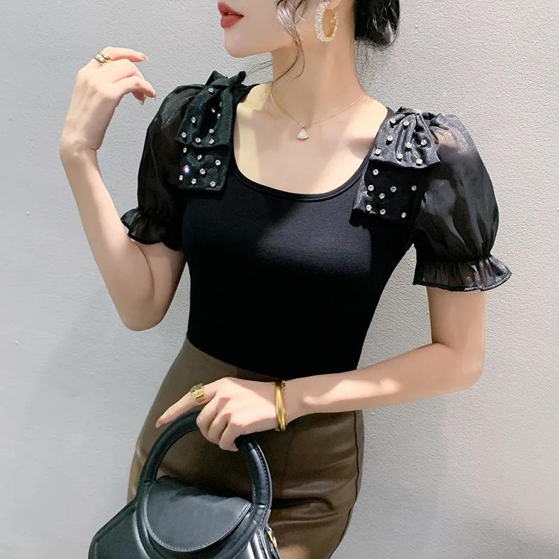 Black Summer Korean Style Cotton T-Shirt Sexy Women Patchwork Bowknot Shiny Diamonds Tops Short Sleeve Hand Made Tees New 432110