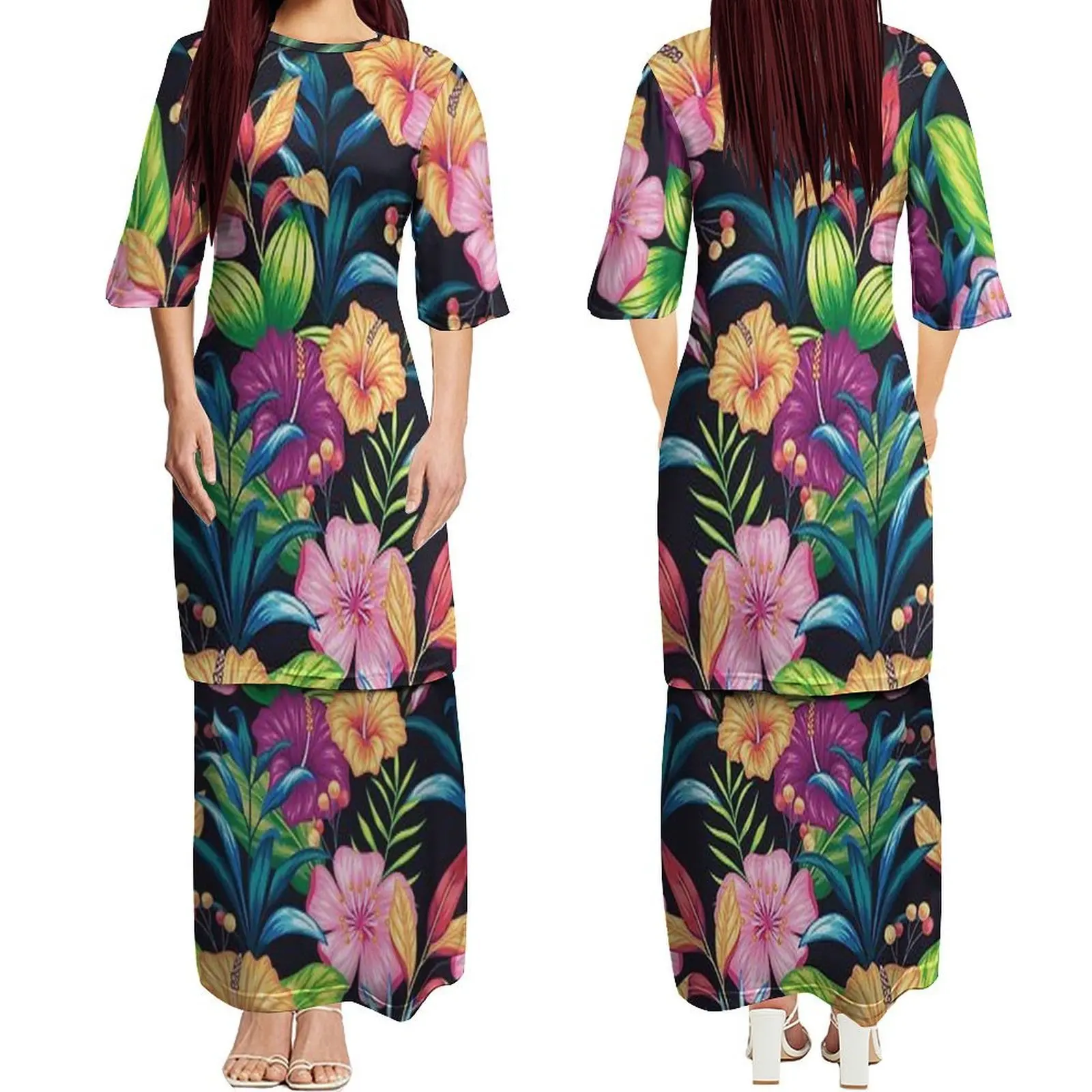 Vestido feminino polinésio, gola redonda, manga média, camada dupla, puletasi, padrão floral personalizado, verão, elegante, vestido emagrecedor