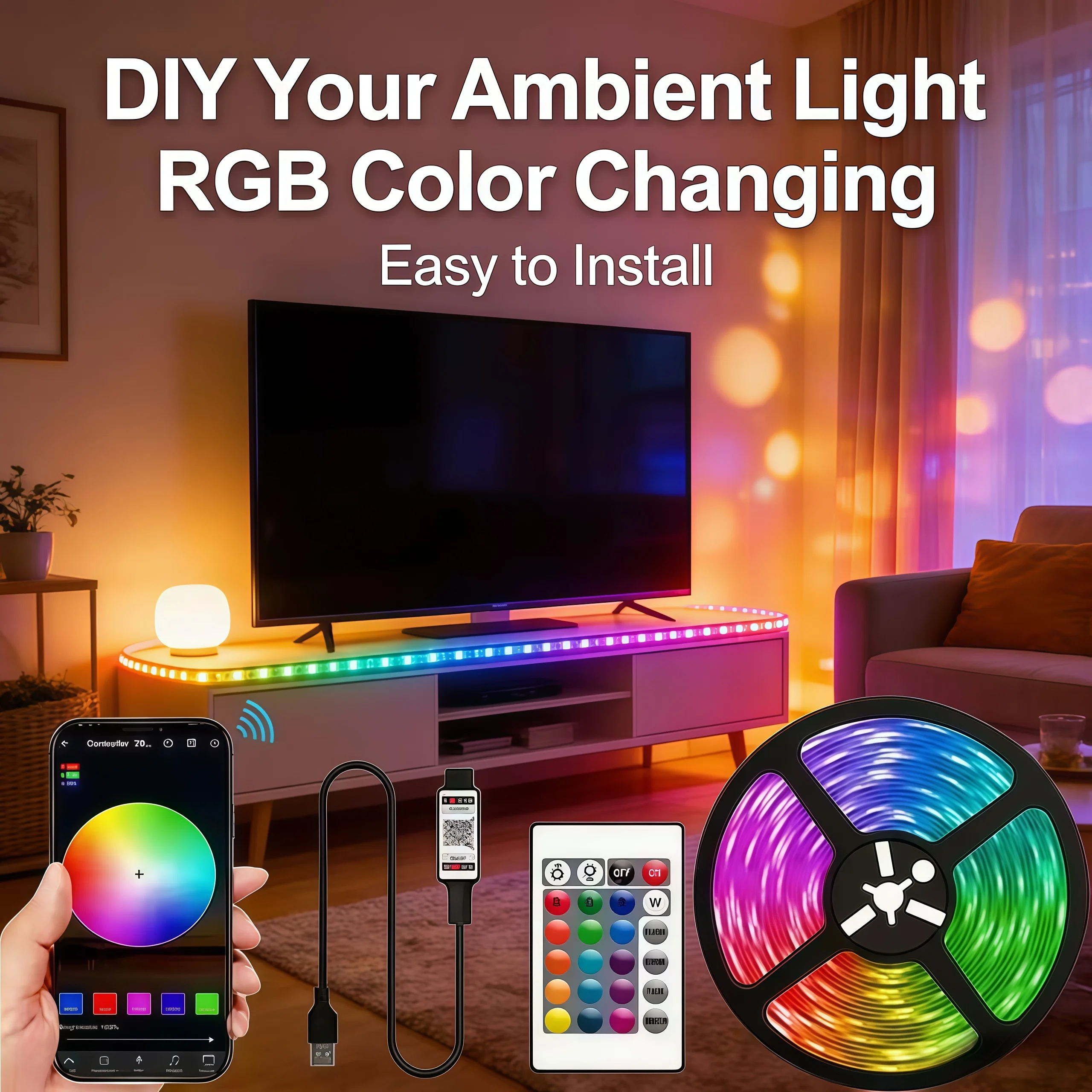 

Светодиодная лента 2026 1-30М с подсветкой, USB 5В, 5050 RGB LED, управление по Bluetooth/Wi-Fi через приложение, для освещения помещений ﻿