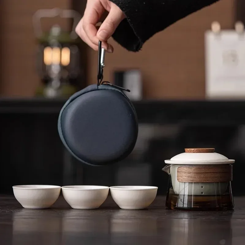 Chinese Ceramic Portable Travel Tea Set 1 Teapot 3 Cups Outdoor Camping Hiking Picnic Adventure Backpacking Tea Brewing Kit