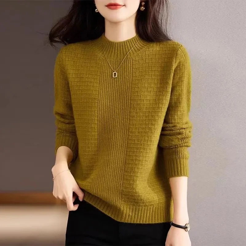 

Casual Women Sweater Autumn Winter Warm Slim Fit Bottoming Shirt Mock Neck 2024 Camel Loose Korean Knitwear Pullover Jumpers